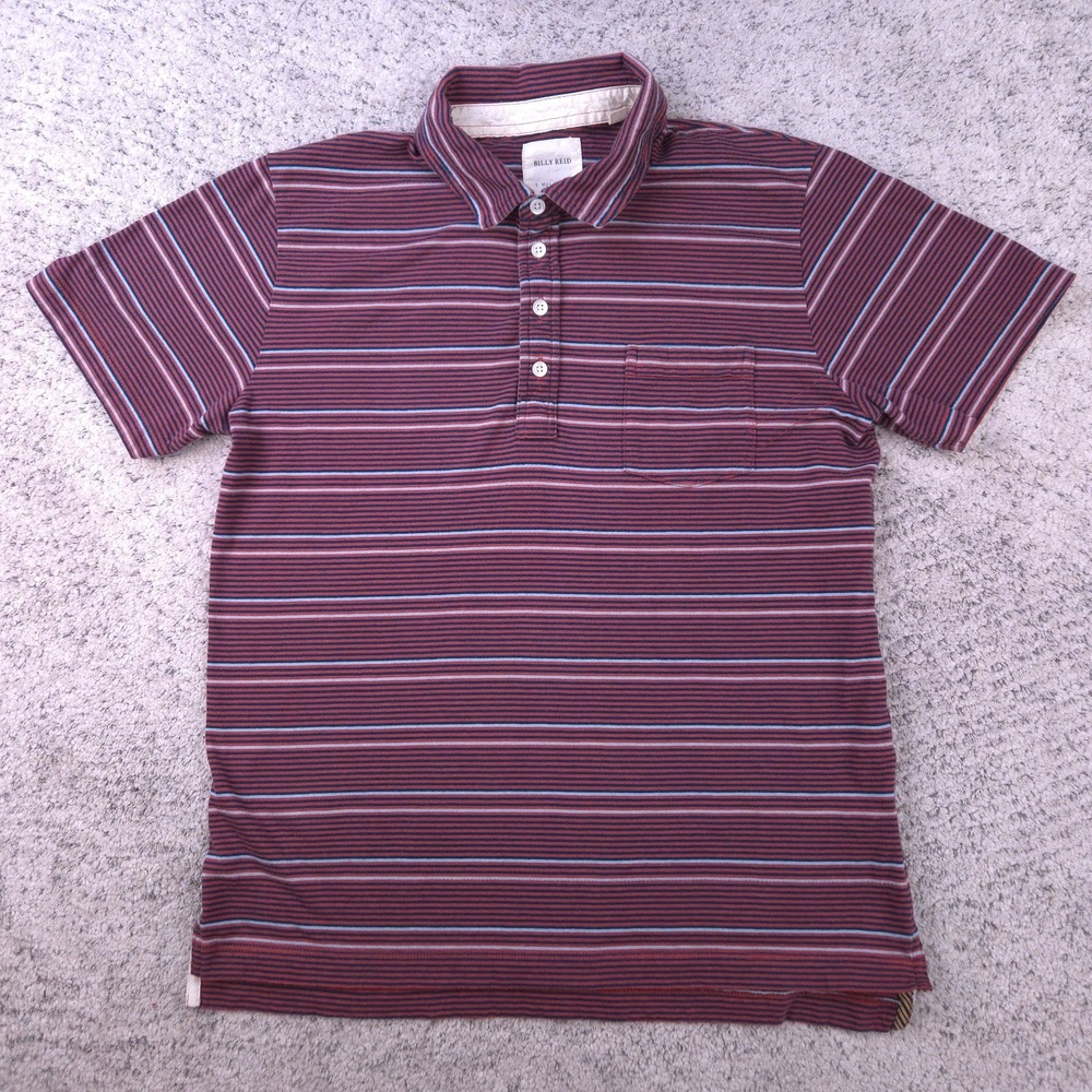 Billy Reid Polo Mens Large Shirt Short Sleeve Striped Collared Brick Navy Knit - Picture 1 of 8